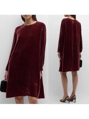 NWT Eileen Fisher Ruby Red Velvet Crew Neck Silk Blend Dress